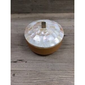 Round Tan Wooden Bowl Mother of Pearl Inlay Lid Trinket‎ Box